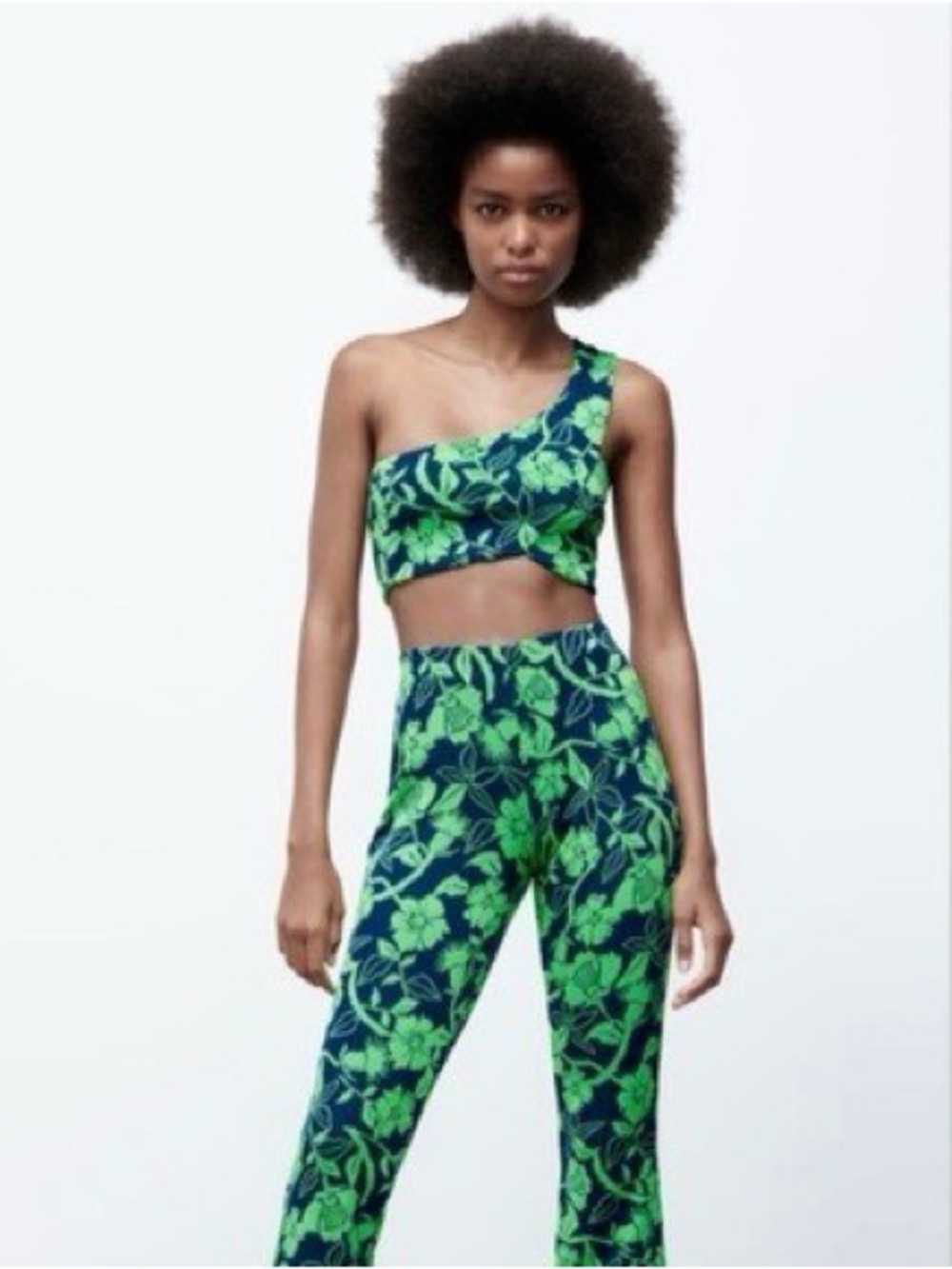 Zara Navy and Bright Green One-Shoulder Crop Top